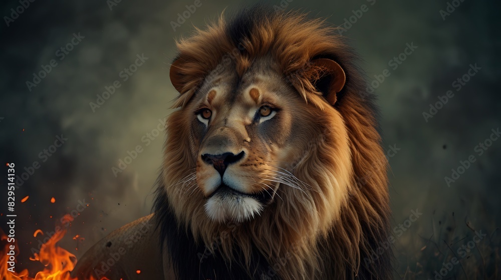  lion with a dark brown mane is standing in front of a wall of fire.