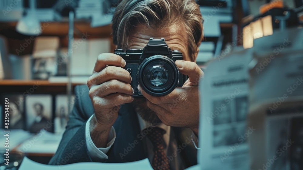 Industrial spy taking photos of confidential documents in a competitor's office