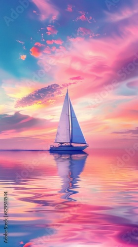 A lone sailboat gliding gracefully across a mirror-like lake under a vibrant, pastel sky.