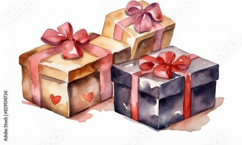 Colorful Watercolor painting gift box with bow on white background.