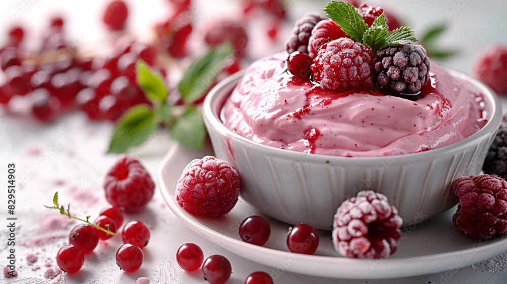 Creamy yogurt topped with a vibrant red berry preserve, set against a clean white backdrop. Creamy yogurt topped with a vibrant red berry preserve, set against a clean white backdrop.