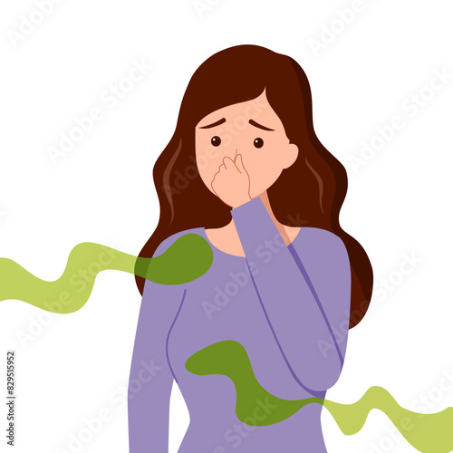 Woman puzzled about the bad smell in flat design on white background. Female cover her nose from unpleasant smell.