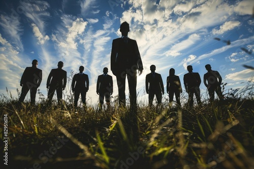 A leader silhouette standing at the forefront, their stance exuding confidence and decisiveness, while the team shadows behind, ready to follow their lead. photo