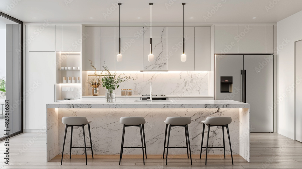 Fototapeta premium Marble island kitchen with bar stools close up