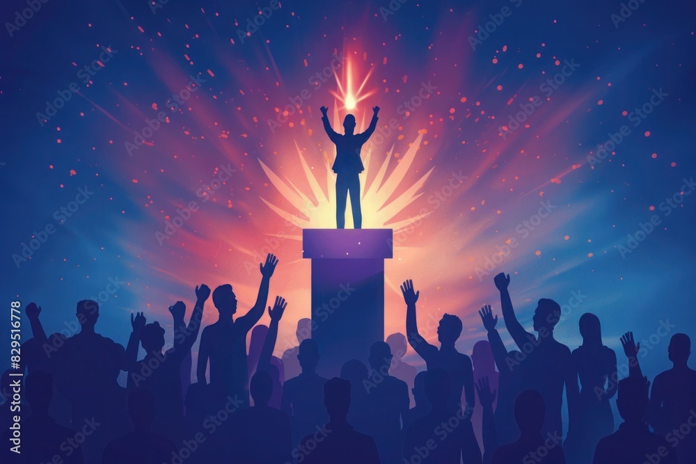 A leader silhouette, standing atop a podium, addressing their team with passion and conviction, igniting a spark of motivation within each member.