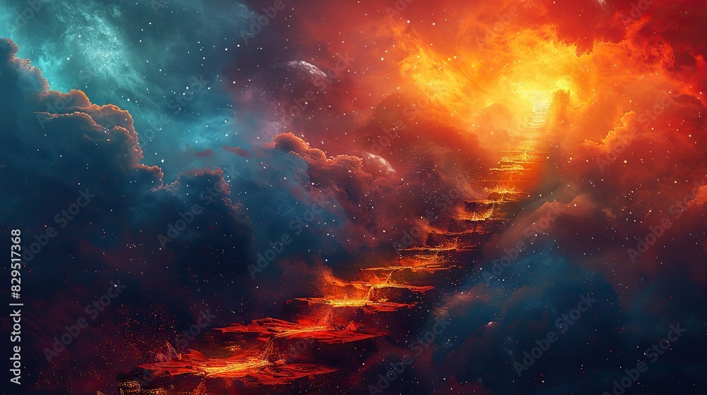 A conceptual painting of a path leading to a bright light, representing a spiritual journey.