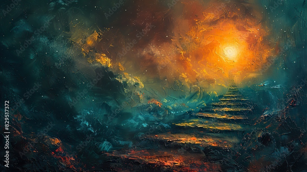 Fototapeta premium A conceptual painting of a path leading to a bright light, representing a spiritual journey.