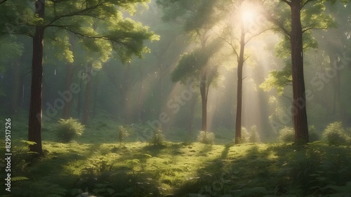 Direct sunshine illuminates a lush woodland amid the rain. Generative AI #829517526