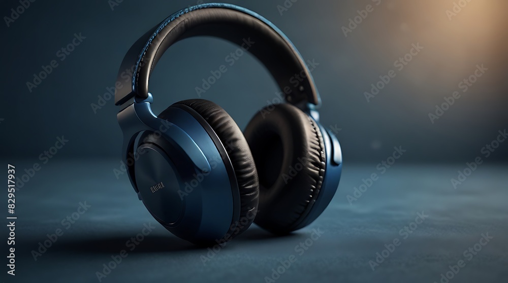 pair of black headphones is suspended in front of a blue background. pair of black headphones is suspended in front of a blue background.