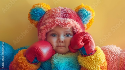 Child in a fluffy animal themed boxing costume  in a cartoonlike setting  Adorable  Illustration  Bright and bold colors  professional photographer