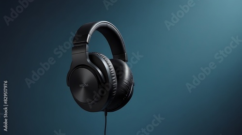 pair of black headphones is suspended in front of a blue background.