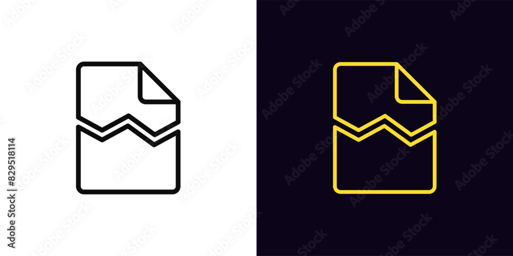 Outline damaged file icon, with editable stroke. Broken document sign with crack. Damaged system file, hack and destroy data, breach contract and agreement, document error, cyber threat. Vector icon Outline damaged file icon, with editable stroke. Broken document sign with crack. Damaged system file, hack and destroy data, breach contract and agreement, document error, cyber threat. Vector icon