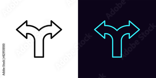 Outline fork arrow icon, with editable stroke. Split arrow sign. Two way pointer, double road, forked arrow, split traffic direction, double pathway, two direction to move, crossroad. Vector icon