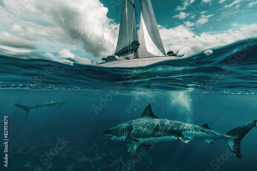 great white shark swimming under sailboat photo