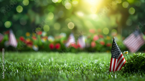 Small American flag planted in a sunlit garden, symbolizing honor and remembrance on Memorial Day, surrounded by a vibrant, blurred background, copy space