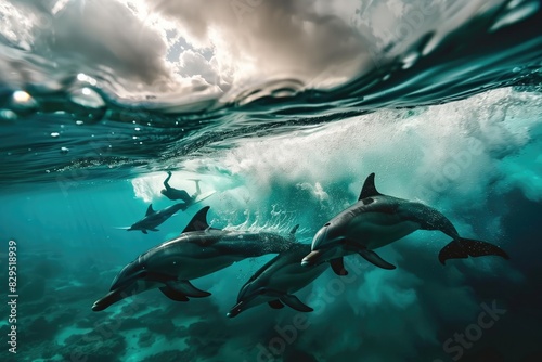 dolphins swimming underneath sailboat  above and below perspective