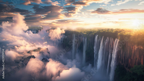 A beautiful waterfall in the sky, above clouds