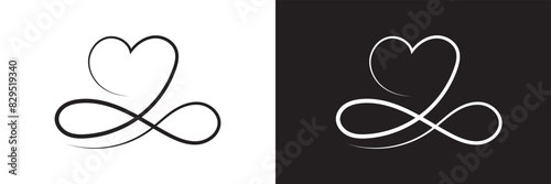 Infinity Love Symbol. Hand Drawn Heart Ornate, decorative flourishes. isolated on white and black background. Vector illustration . EPS 10