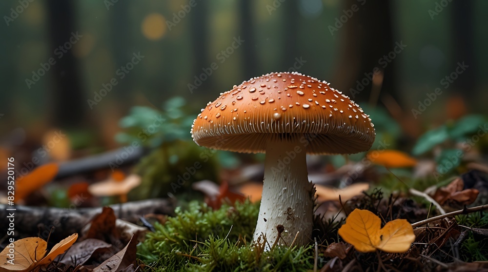 large brown mushroom with a white stem is growing in a dark, damp forest. large brown mushroom with a white stem is growing in a dark, damp forest.