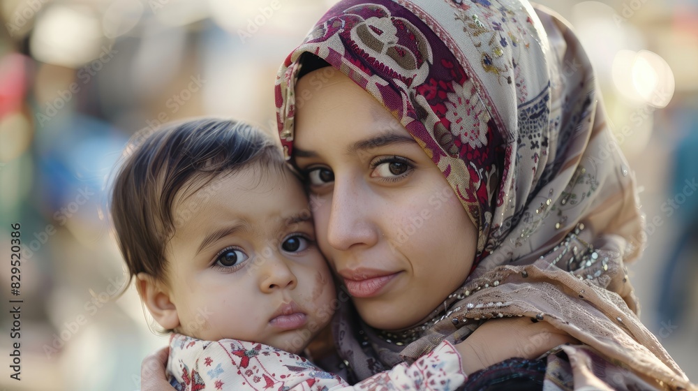 A mother who practices Islam wearing a headscarf holding her infant daughter A mother who practices Islam wearing a headscarf holding her infant daughter