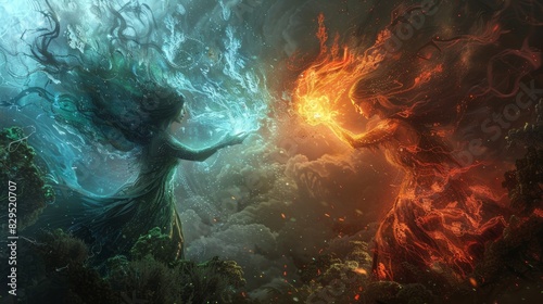 The battle of two mages, one fire, one water, in a magical forest, power, strategy, conflict