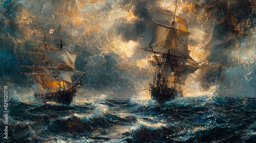 The battle of two ships, one pirate, one naval, on stormy seas, adventure, strategy, conflict #829520719