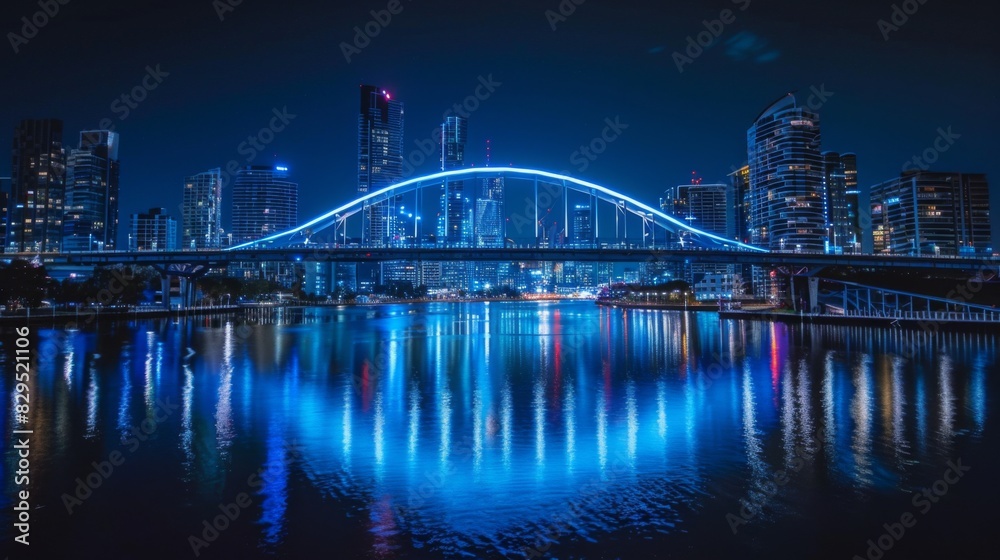 Fototapeta premium A beautifully illuminated bridge spanning a calm river at night, with the city skyline reflecting on the water.