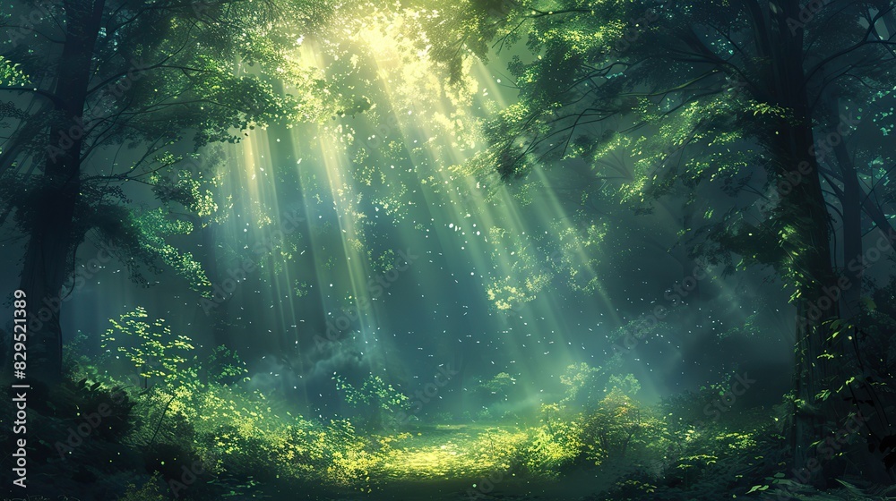 An illustration of a peaceful forest with beams of light shining through.