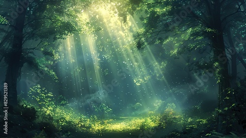 An illustration of a peaceful forest with beams of light shining through.