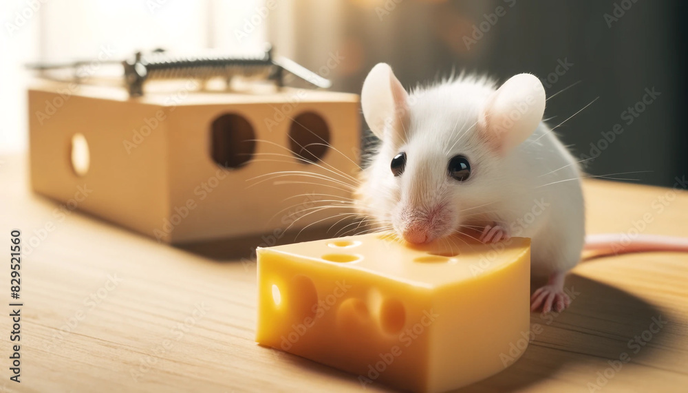 Fototapeta premium Close-up image of a small agile mouse with long whiskers eating a piece of cheese next to a mousetrap. The concept of free cheese is only in a mousetrap.
