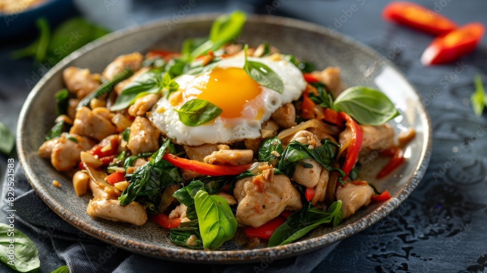 A beautifully presented plate of Thai basil chicken stir-fry (pad kra pao) with a sunny-side-up egg on top. A beautifully presented plate of Thai basil chicken stir-fry (pad kra pao) with a sunny-side-up egg on top.