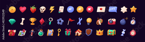 Game interface icons set. UI design elements kit, pack. GUI gift, star, key, bomb, coin, crown, crystal and skull. Shield, gem, clock and envelope symbols. Isolated flat vector illustrations