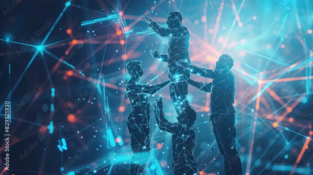 A holographic depiction of teamwork in action, with each member contributing their unique skills to achieve a common objective.