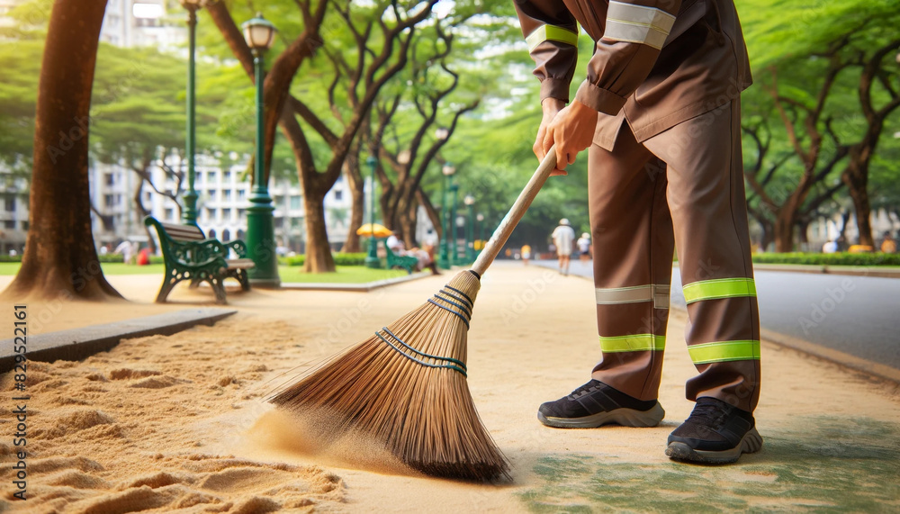 Detailed close-up of a street cleaner sweeping a street in a small town ...