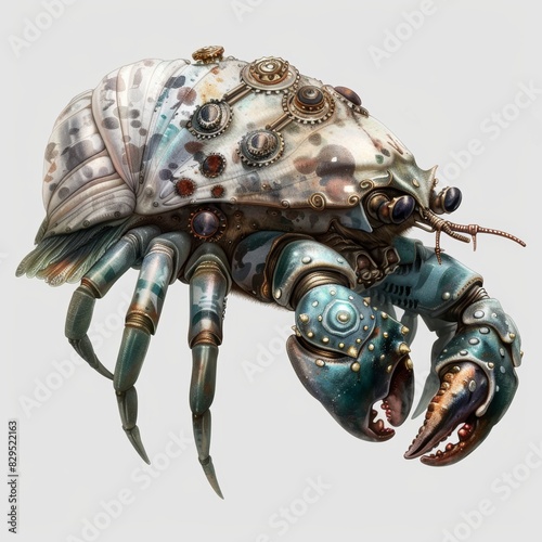 Fascinating artwork of a steampunk hermit crab featuring mechanical limbs  gears  and detailed metal embellishments. ideal for fantasy-themed prints  posters  and digital art.