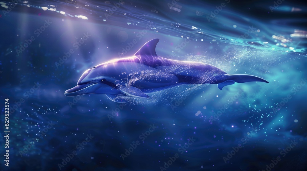 Fototapeta premium dolphin swimming, pink and purple colour tones