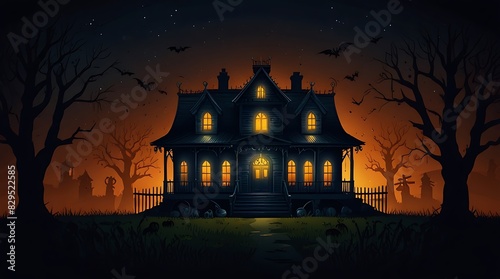 haunted house. The house is dark and spooky, with a full moon in the background