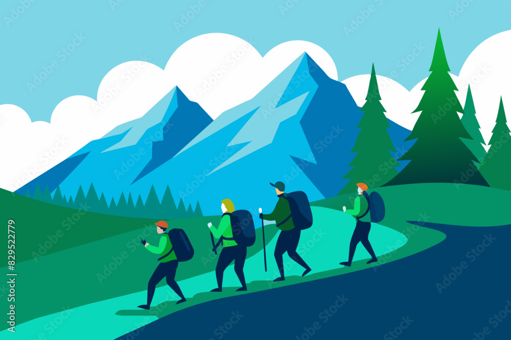 Group of hikers with backpacks climbing a mountain trail Group of hikers with backpacks climbing a mountain trail