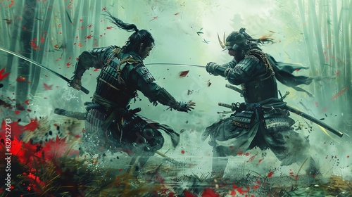 The showdown of white and black samurai warriors, in a bamboo forest, honor, skill, warfare photo