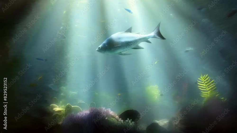 underwater view with light rays and big fish art animation - 4k new stock video footage AI underwater view with light rays and big fish art animation - 4k new stock video footage AI