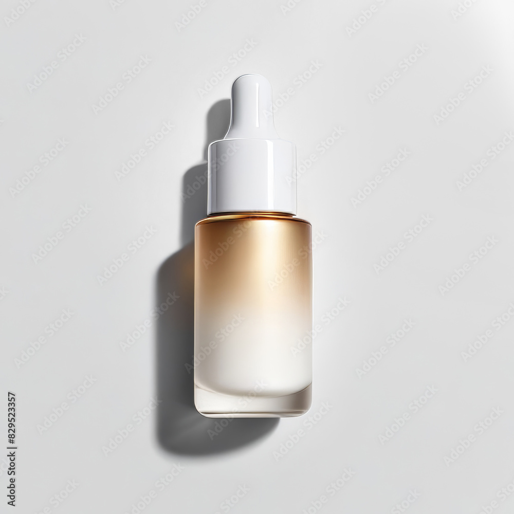 Top view of white and bronze skin care beauty serum in dropper bottle on white background. Cosmetics packaging mockup. AI Generative Top view of white and bronze skin care beauty serum in dropper bottle on white background. Cosmetics packaging mockup. AI Generative