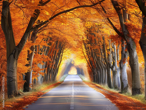 Autumn trees create a canopy over a scenic drive through a tunnel of colorful leaves.