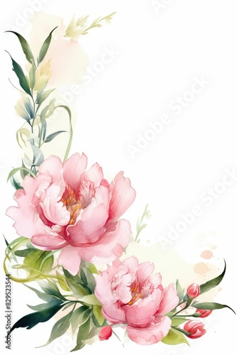 peony themed frame or border for photos and text. watercolor illustration, Perfect for nursery art, simple clipart, single object, white color background. for design card, postcard, textile, flyer.