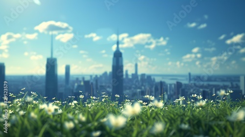 A photo of the New York City skyline taken from a grassy field photo