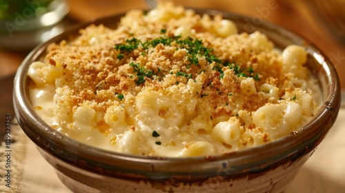 A bowl of creamy macaroni and cheese with a crispy breadcrumb topping, a beloved comfort food dish for all ages.