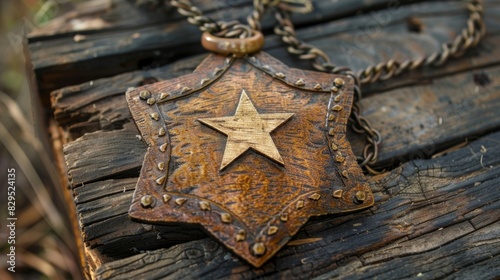 A wooden sheriff badge with a worn leather s and star emblem invites visitors to imagine themselves as the law in a bustling Western town. photo