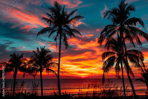 A fiery sunset over the ocean with silhouettes of palm trees