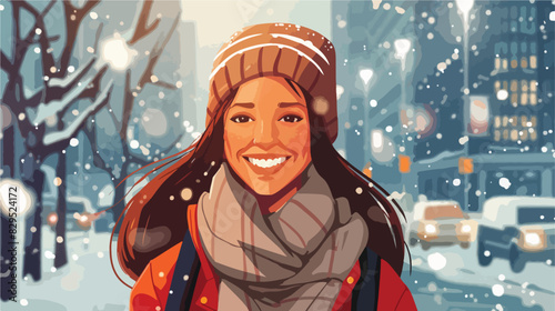 Portrait of smiling woman on city street in winter Cartoon