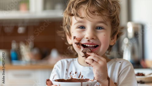 Happy boy eating chocolate in a bowl - ai generative