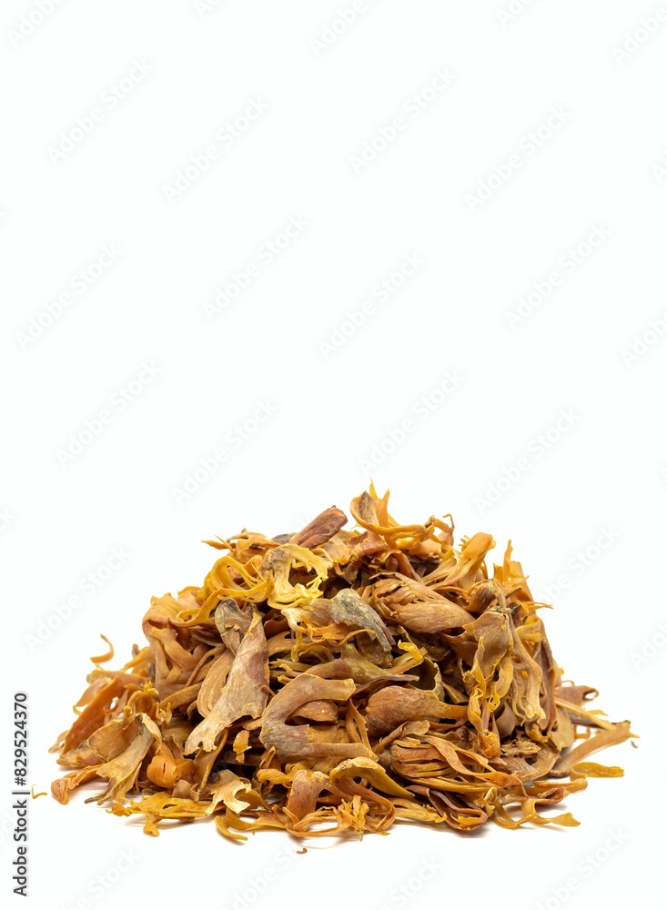 Closeup of Mace or Nutmeg Aril Heap Isolated on White Background with Copy Space, Also Known as Javitri or or Myristica Fragrans Closeup of Mace or Nutmeg Aril Heap Isolated on White Background with Copy Space, Also Known as Javitri or or Myristica Fragrans